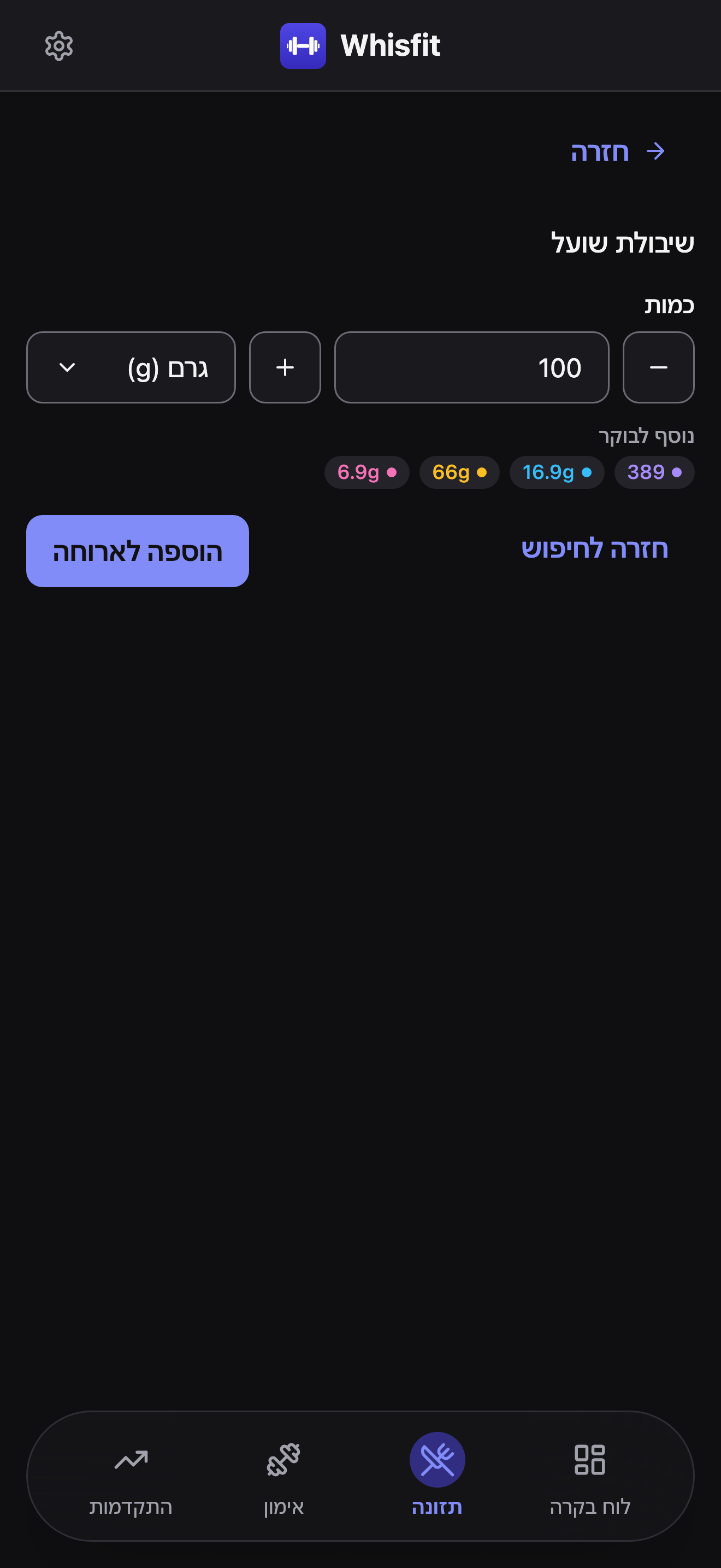 שלב הכמות של הוספת מזון עבור שיבולת שועל, עם כמות 100 ויחידת גרם, וכפתורי חזרה לחיפוש והוספה לארוחה.