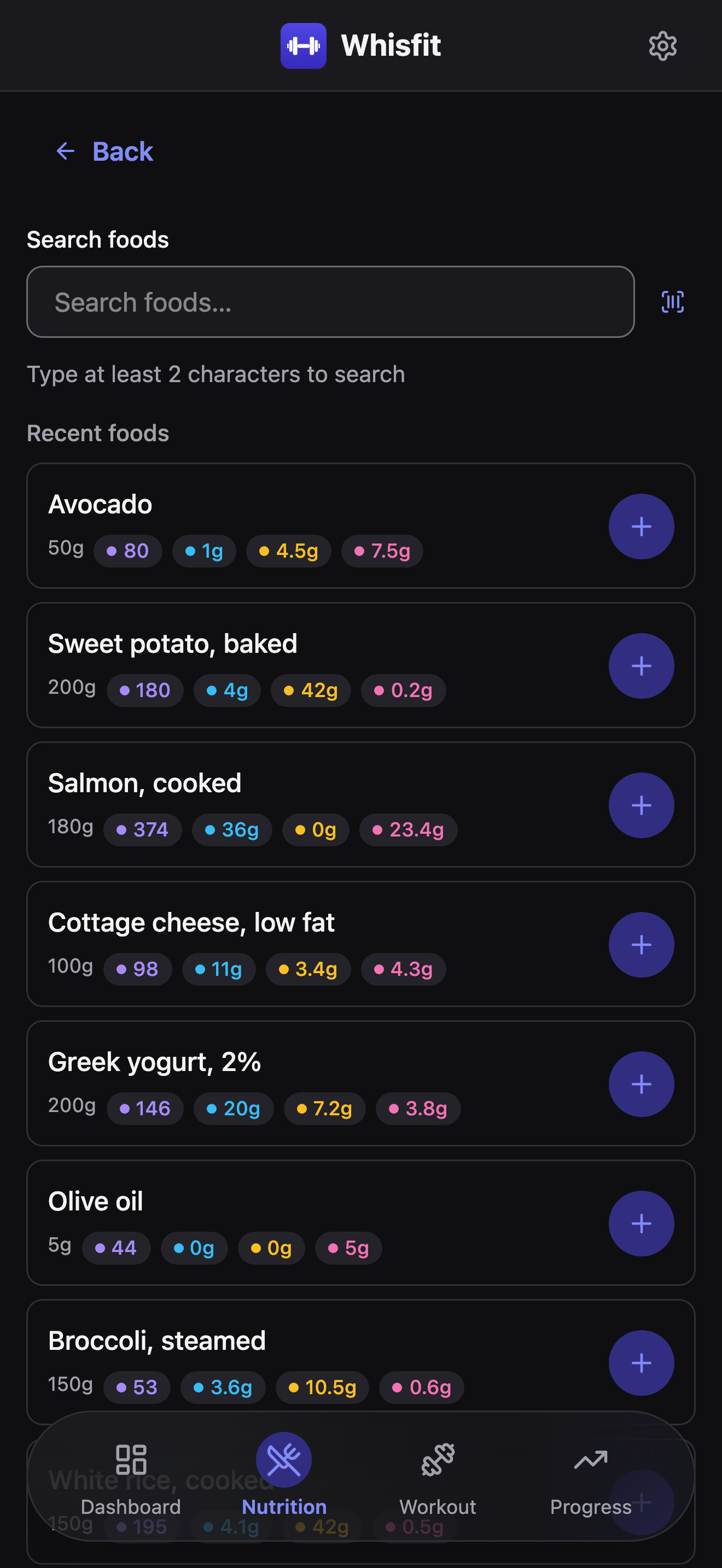 The Add a food screen: a Search foods field with a barcode-scan icon inside it, and a Recent foods list starting with Chicken breast, cooked - each row showing its last-used serving, macro chips, and a trailing + button to add it to a multi-select batch - with a Show more button below the list and a Can't find it? Add a custom food link beneath it.