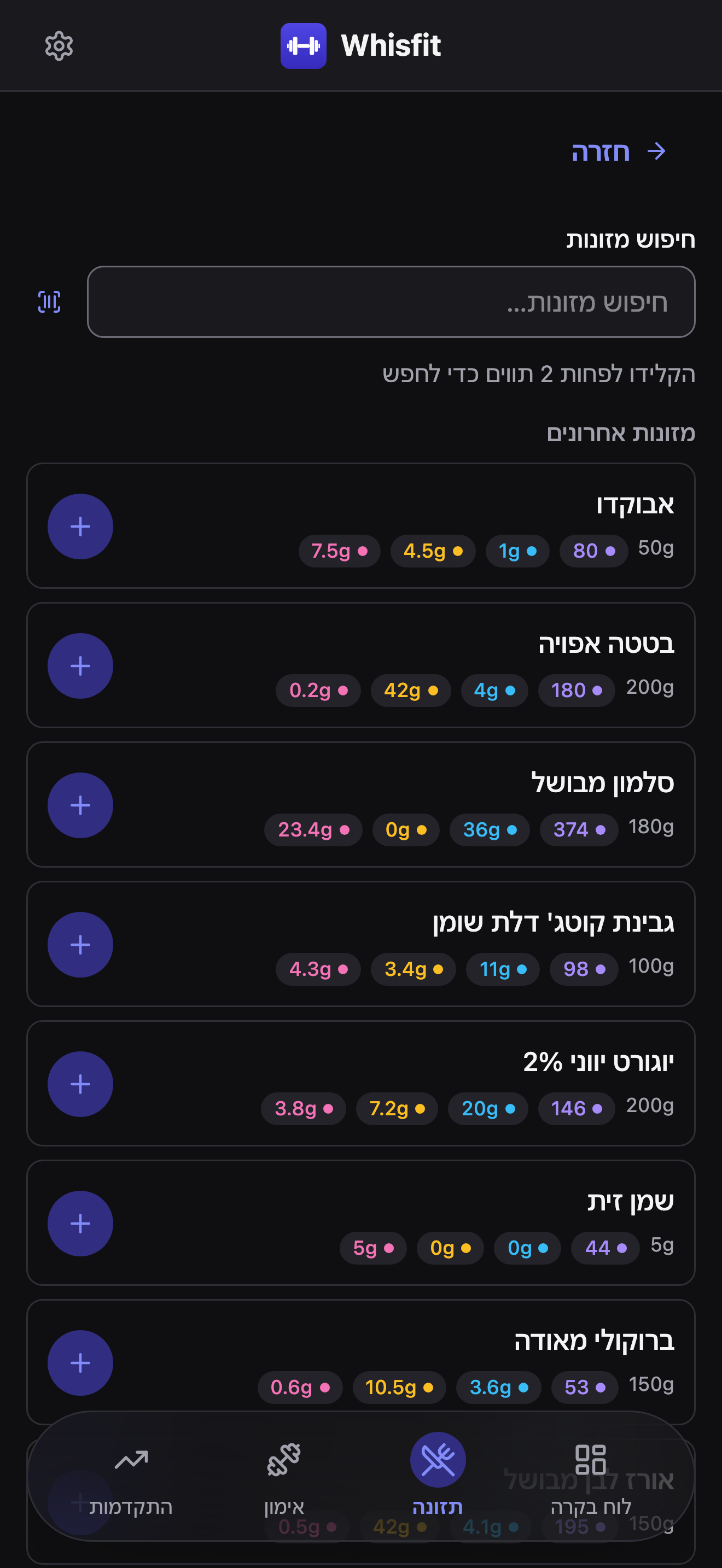 מסך הוספת מזון: שדה חיפוש מזונות עם סמל סריקת ברקוד בתוכו, ורשימת מזונות אחרונים שמתחילה בחזה עוף מבושל - כל שורה מציגה את המנה האחרונה שבה נעשה שימוש, תגיות ערכים תזונתיים, וכפתור + עגול בקצה השורה להוספתה לבחירה קבוצתית - עם כפתור הצגת עוד מתחת לרשימה וקישור לא מצאת? הוספת מזון מותאם מתחתיו.