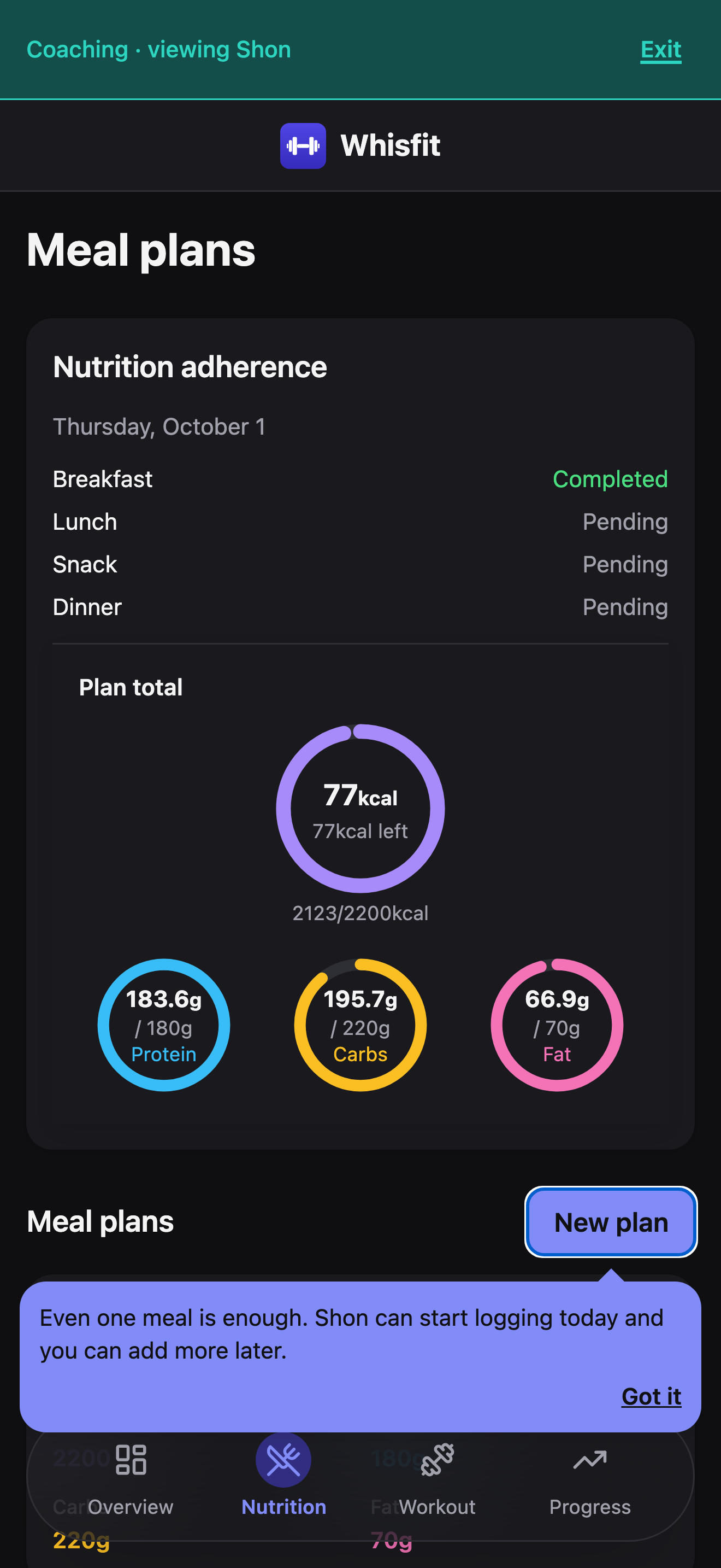 A client's Nutrition tab seen from coach context, with the 'Coaching · viewing Shon' banner, the day's nutrition adherence with all four meals marked Completed and plan-total macro rings, and their meal plans list including the active 'Lean & Strong' plan badged Built by the trainee.