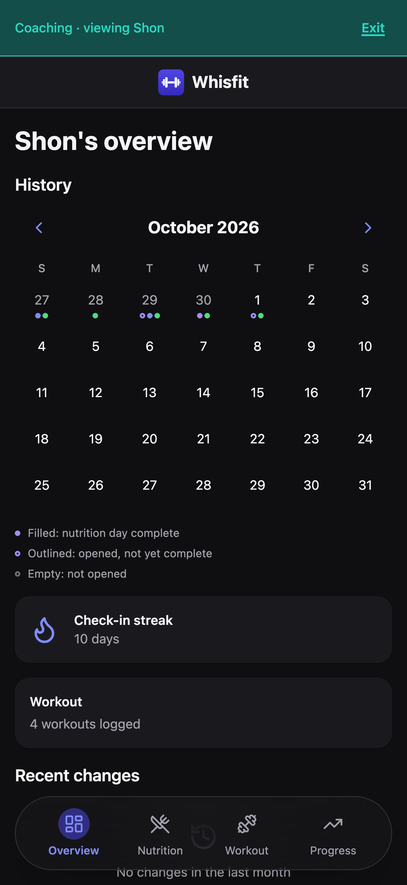 A client's Overview tab seen from coach context, with the teal 'Coaching · viewing Shon' banner, a History calendar for September 2026 with nutrition-day dots and legend, a 15-day check-in streak, workouts logged, and the start of a Recent changes list.