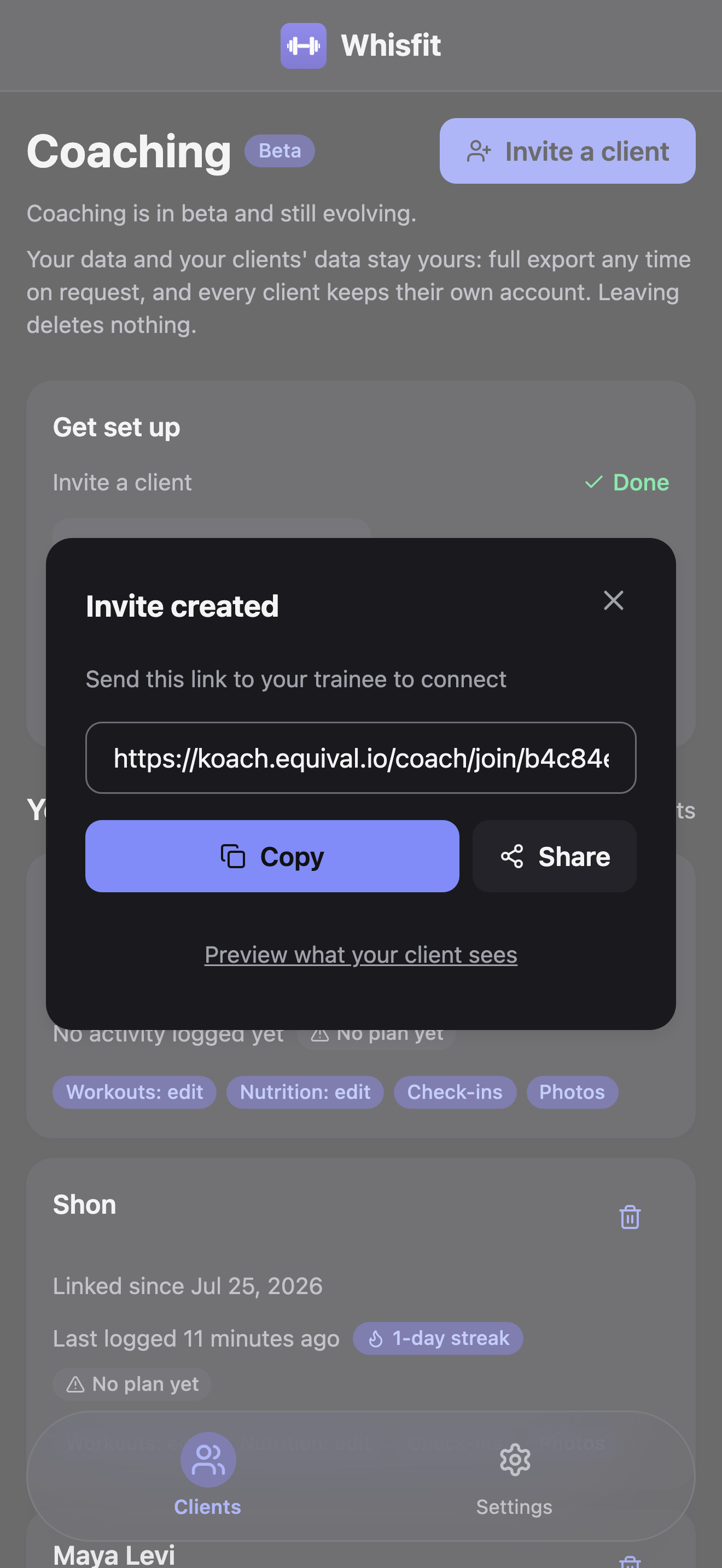 The Coaching page with the 'Invite created' dialog open over the client roster: the invite link in a text field, with Copy and Share buttons below it.