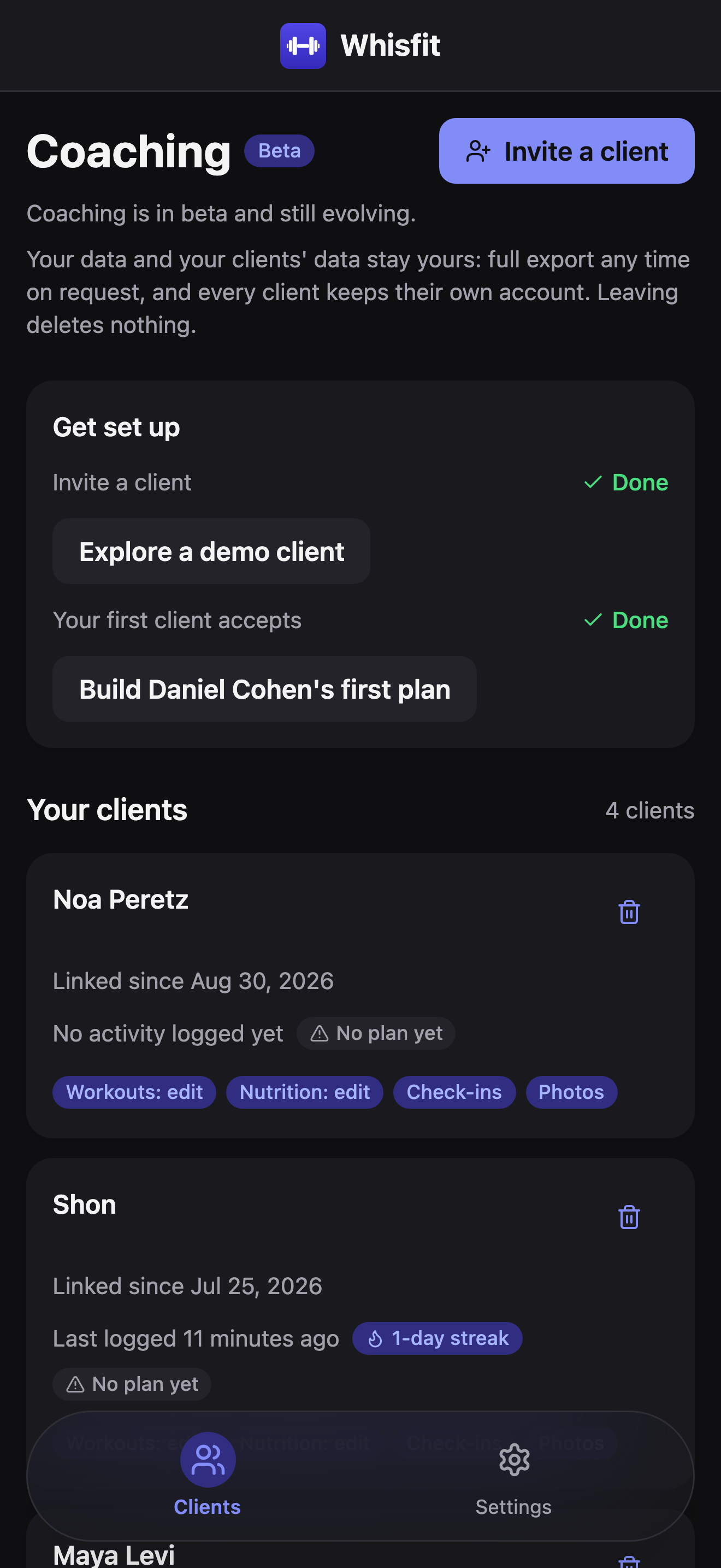 The Coaching page's Your clients list showing 4 connected clients - Noa Peretz, Shon, Daniel Cohen, and Maya Levi - each tagged Workouts: edit, Nutrition: edit, Check-ins, and Photos.
