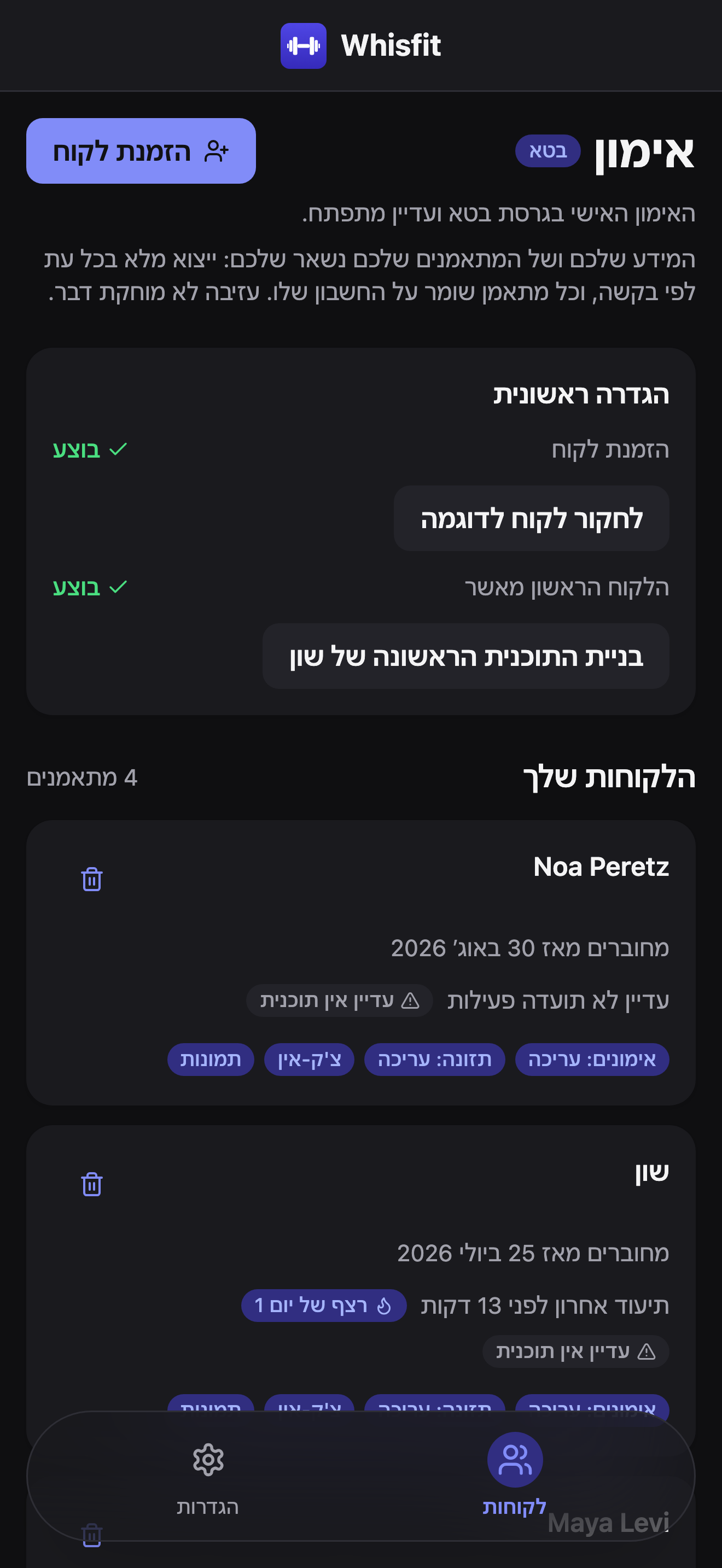 רשימת הלקוחות שלך בעמוד האימון עם 4 לקוחות מחוברים - Noa Peretz, שון, Daniel Cohen ו-Maya Levi - כל אחד מתויג באימונים: עריכה, תזונה: עריכה, צ'ק-אין ותמונות.