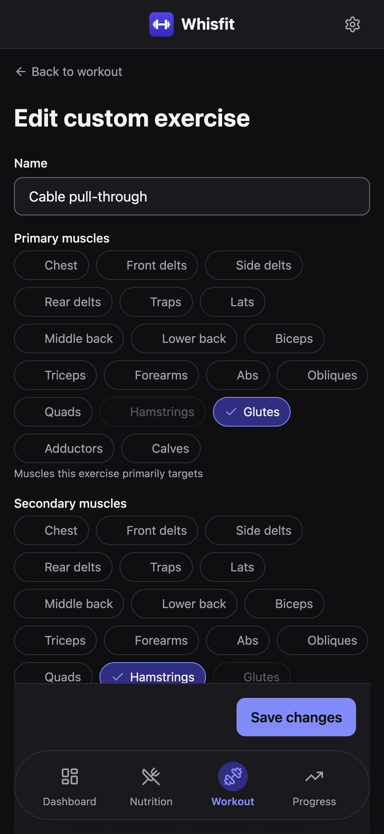 The Edit custom exercise form for Cable pull-through: a Name field, primary and secondary muscle chip grids with Glutes and Hamstrings selected, and a sticky Save changes bar pinned at the bottom.