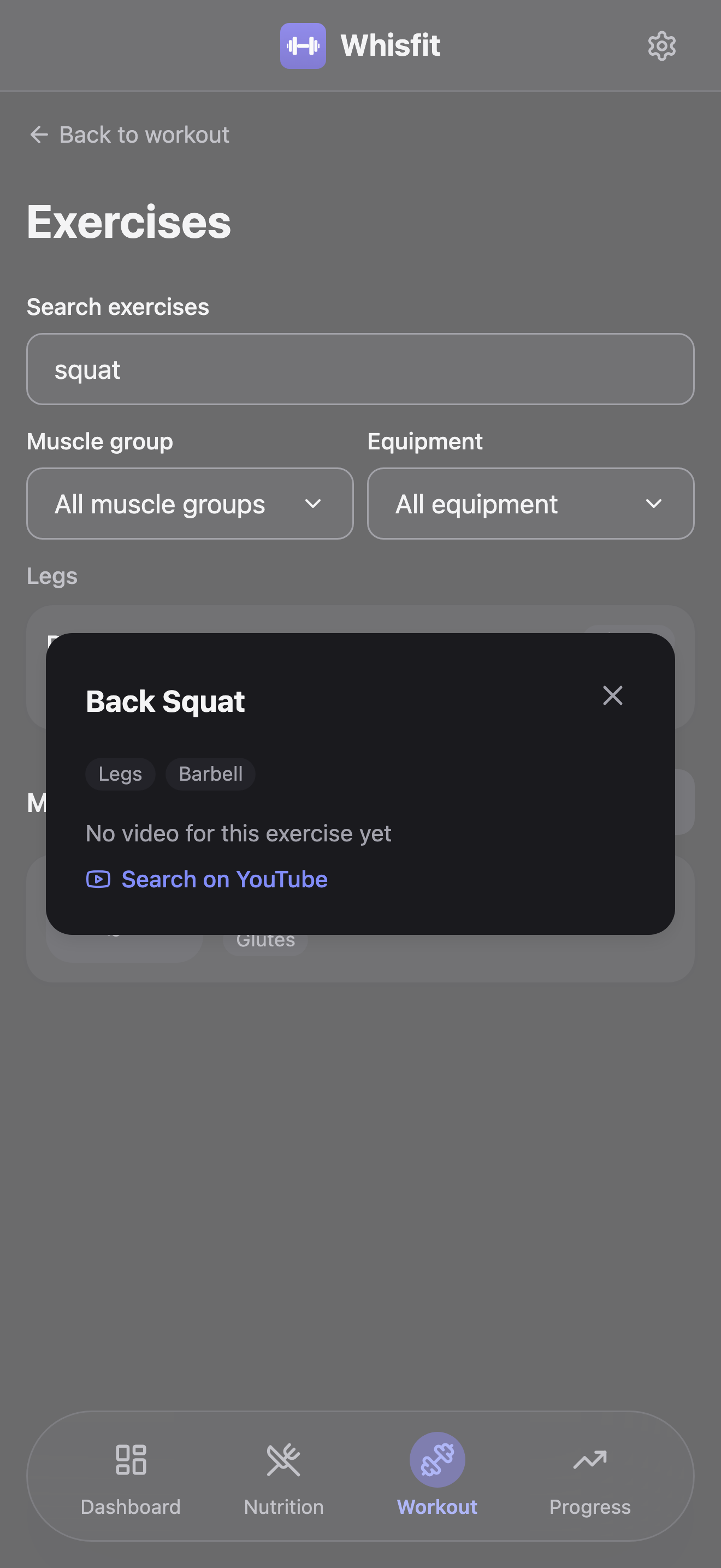 The Back Squat exercise detail dialog open over the Exercises page: tags Legs and Barbell, the message 'No video for this exercise yet', and a Search on YouTube link.