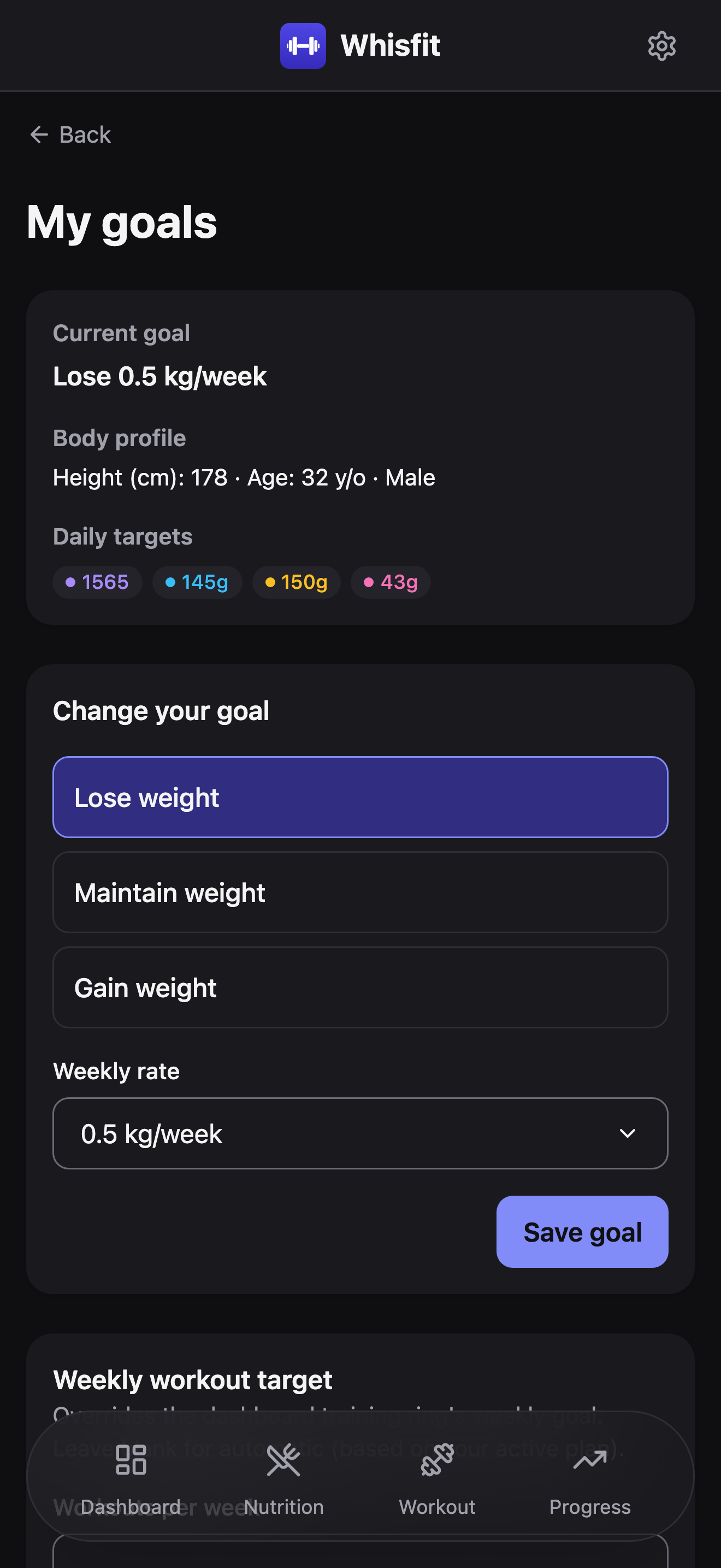 The My goals screen: a current goal of losing 0.5 kg/week, a body profile of 178 cm, age 32, male, and daily targets of 1565 kcal, 145g protein, 150g carbs, and 43g fat, above the goal-change form.