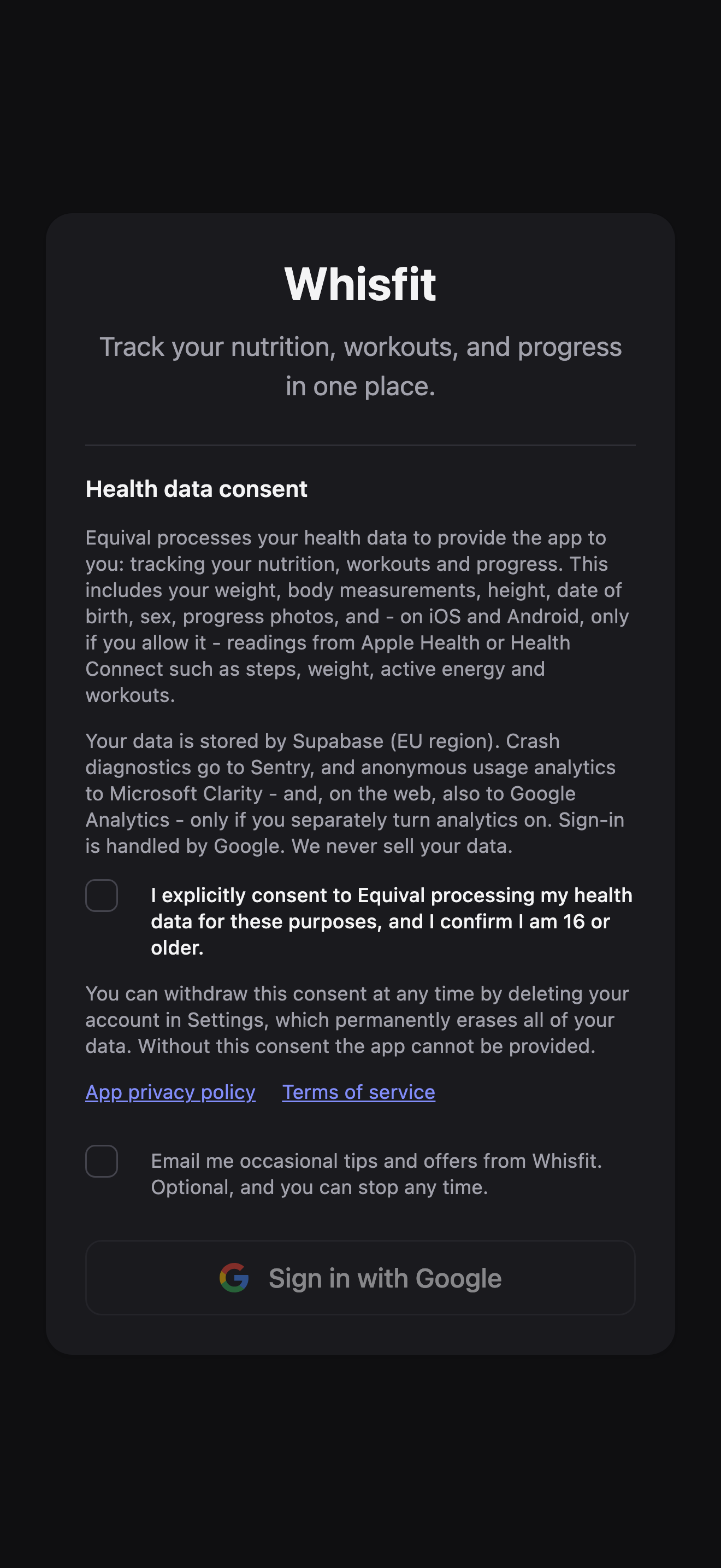 The sign-in screen: the Whisfit logo and tagline, a Health data consent section with its consent checkbox, an optional marketing-email checkbox, and a Sign in with Google button.