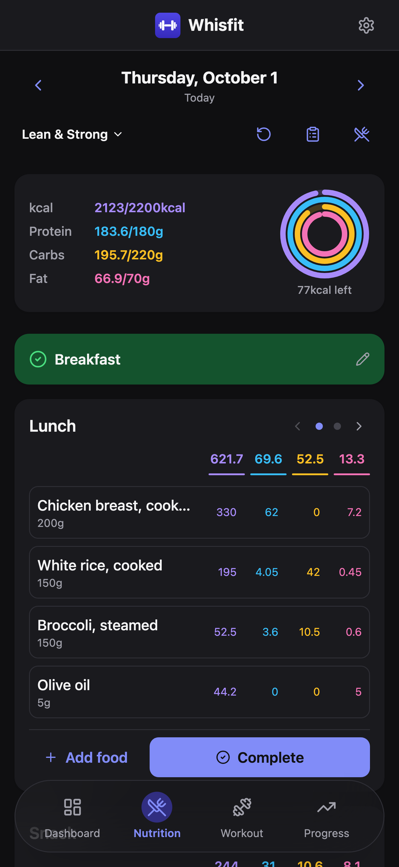 The nutrition day view for Thursday, September 3 (today): the Lean & Strong plan's kcal, protein, carbs, and fat totals against target, Breakfast collapsed to a completed row, and Lunch open showing its foods - Chicken breast, White rice, Broccoli, and Olive oil - with Add food and Complete buttons.
