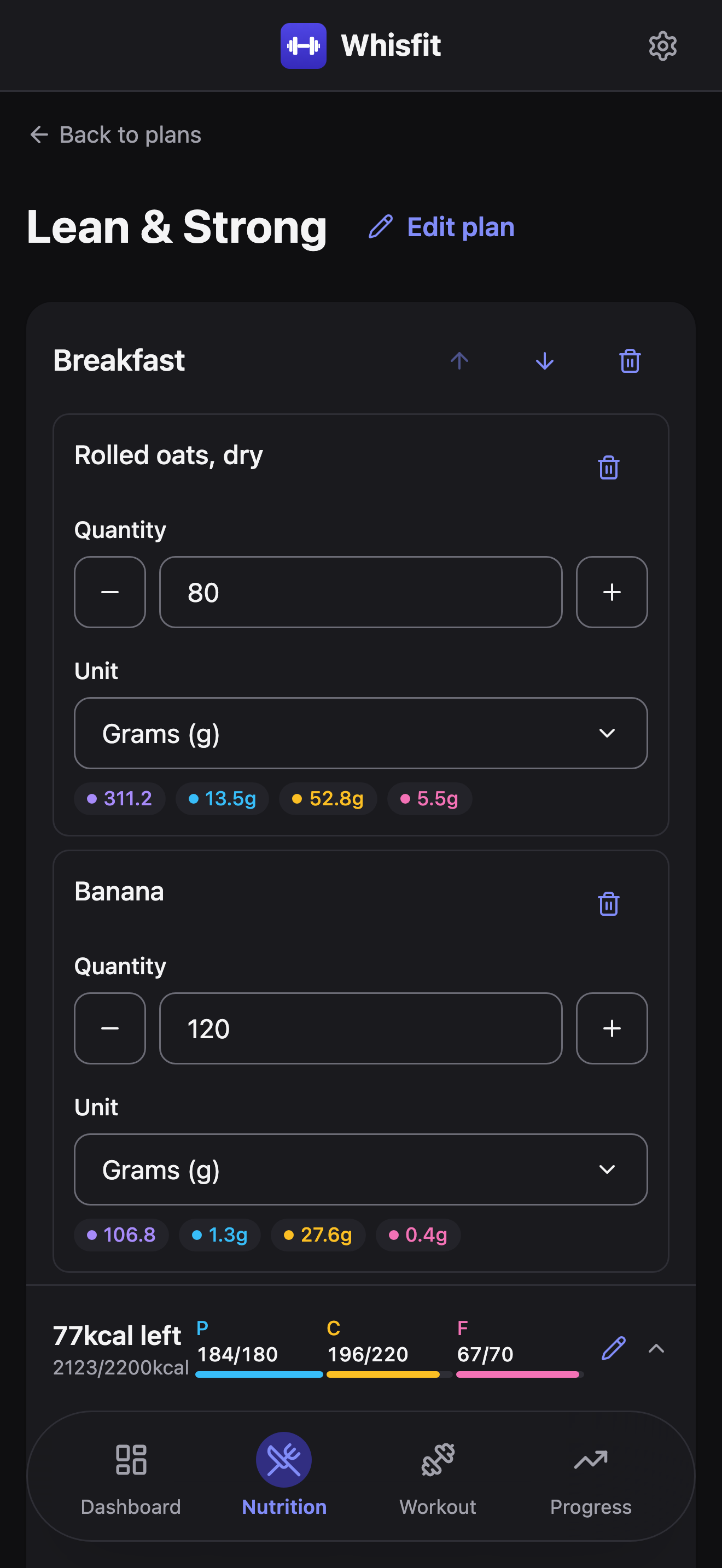 The plan editor for Lean & Strong, showing the Breakfast meal with Rolled oats and Banana and their quantities, plus the sticky Plan total panel below it.