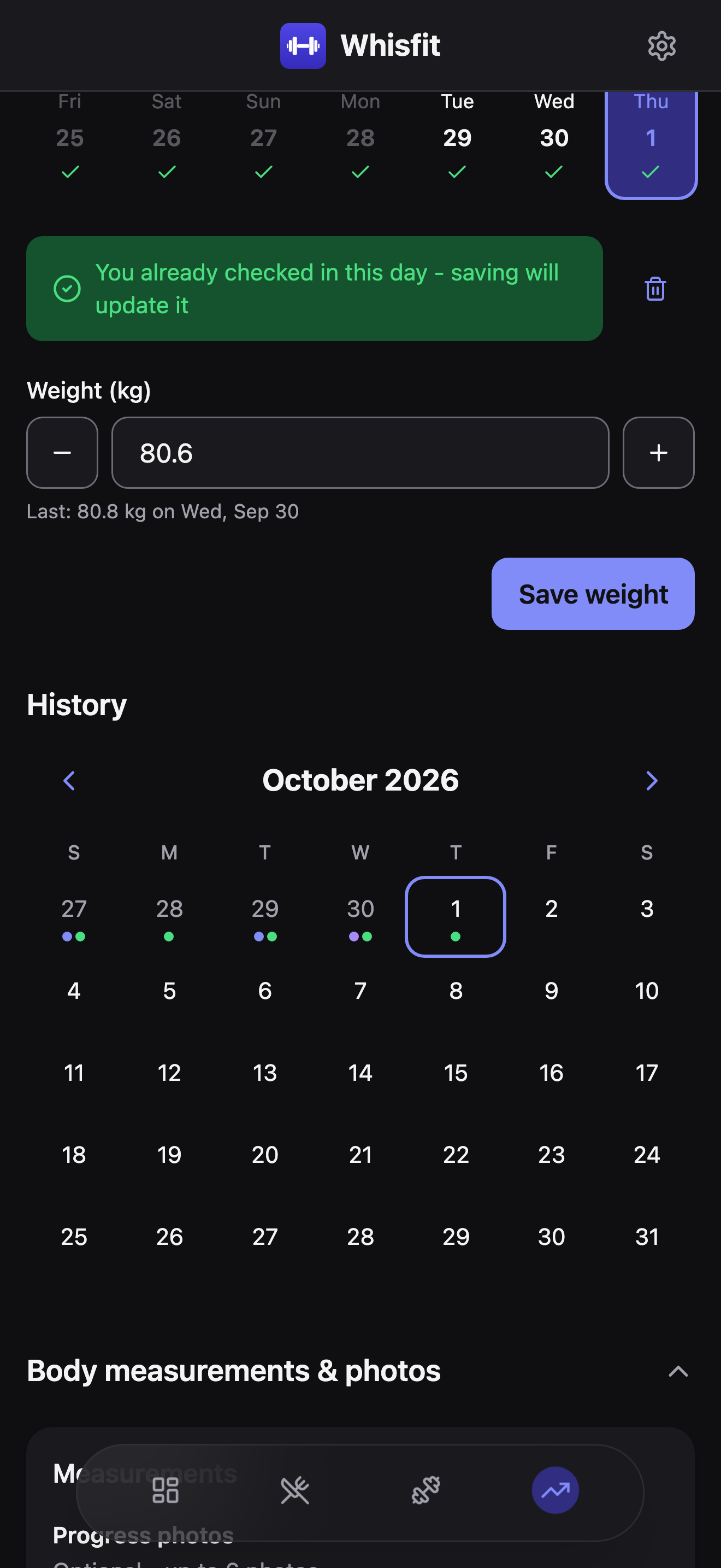 The Progress tab's History section: a full month calendar for September 2026 with colored dots on recent days marking logged nutrition, workouts, and check-ins, the selected day (3) highlighted, above the collapsed Body measurements & photos section.