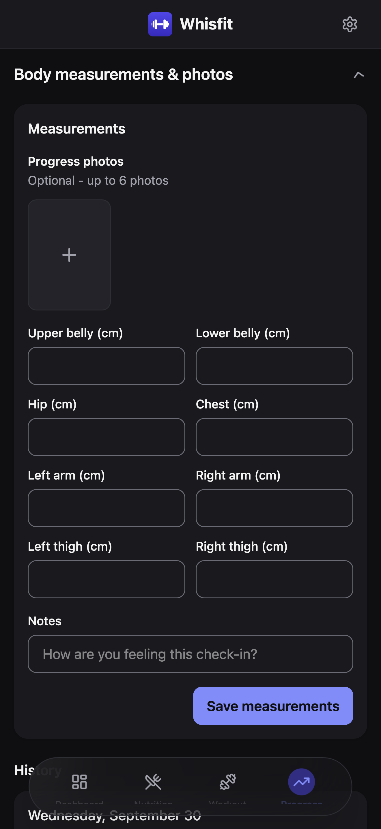 The Progress tab scrolled to the expanded Body measurements & photos section: a Measurements card with Progress photos reading 'Optional - up to 6 photos' above a single empty add-photo tile with a plus icon, followed by the cm measurement fields and a Save measurements button.