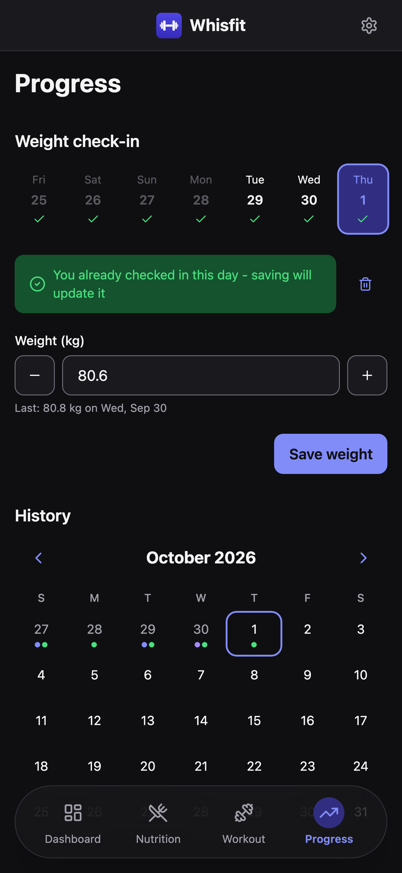 The top of the Progress tab: a 7-day weight check-in strip with checkmarks on completed days, a banner noting the day is already checked in, a Weight (kg) field, a Save weight button, then the History month calendar beginning below it.