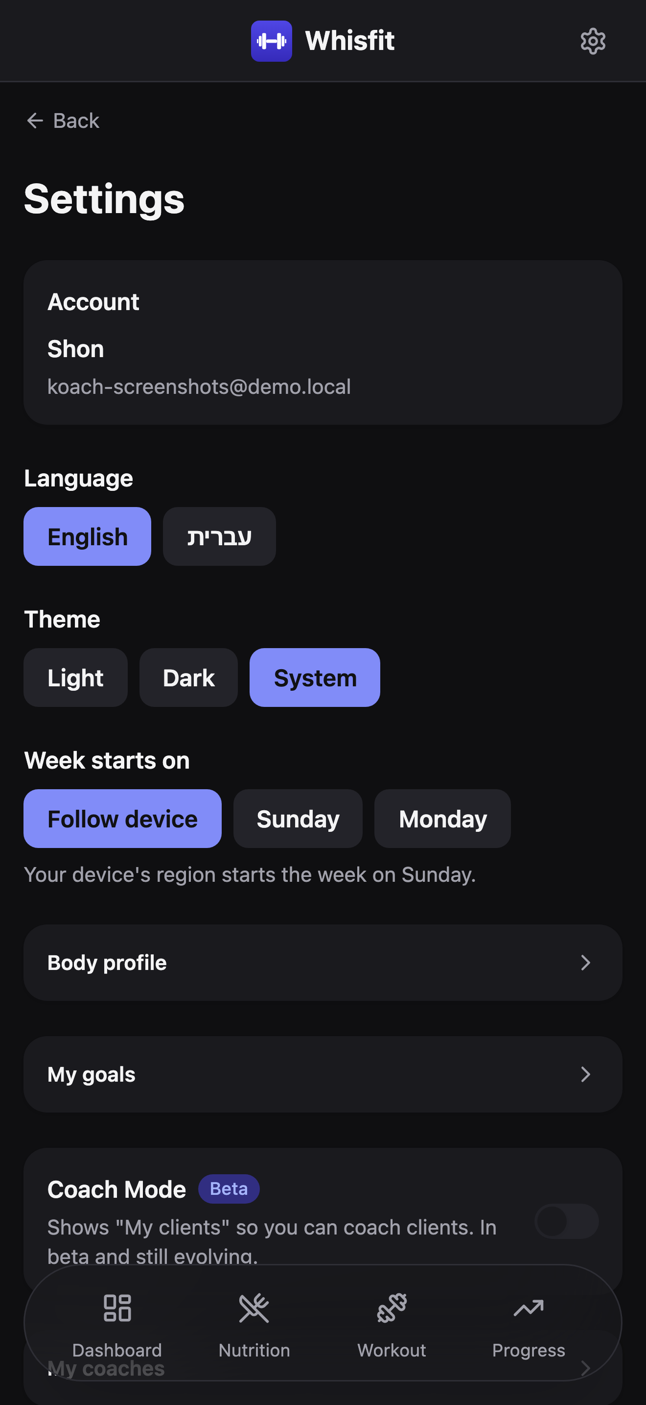 The Settings page: Account details, Theme and Week starts on pickers, then Body profile, My goals, and Coach Mode rows with My coaches below.