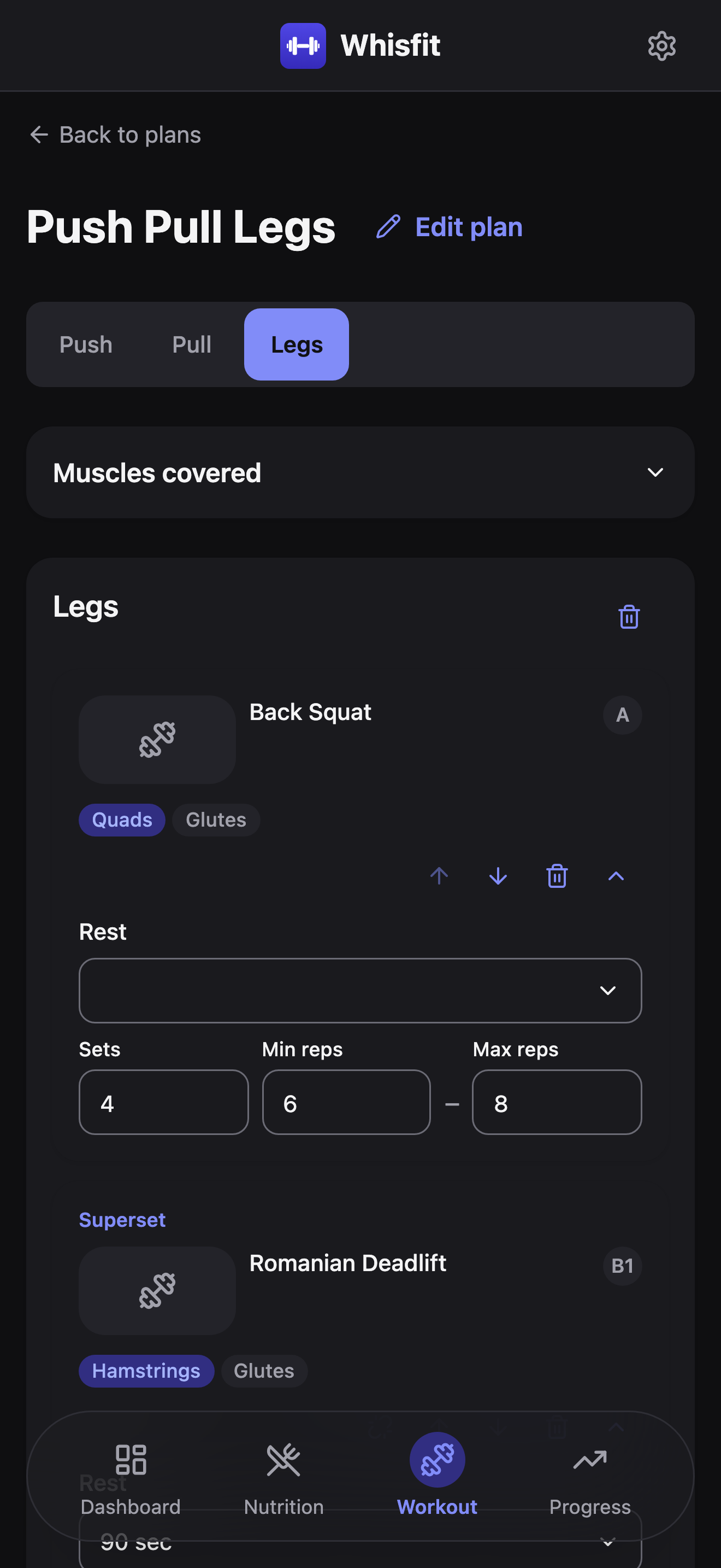 The plan editor's Legs tab: Back Squat (badge A) with its rest, sets, and rep-range fields expanded, and Romanian Deadlift (badge B1) grouped below it under a Superset label with an accent border joining both cards.