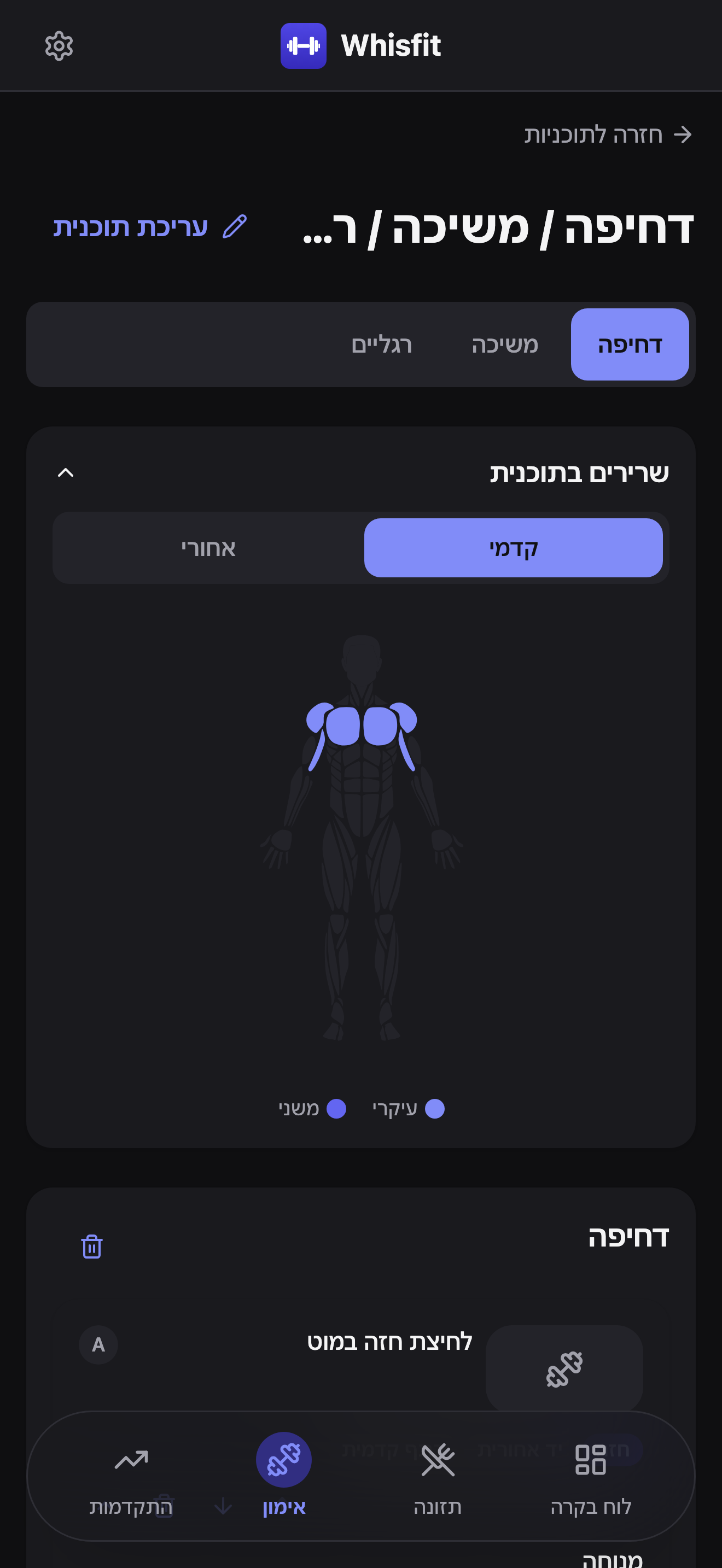 עורך התוכנית של דחיפה / משיכה / רגליים, עם טאב היום דחיפה נבחר, תרשים שרירים בתוכנית, והתרגיל לחיצת חזה במוט מוצג כתרגיל הראשון ביום, תג A.