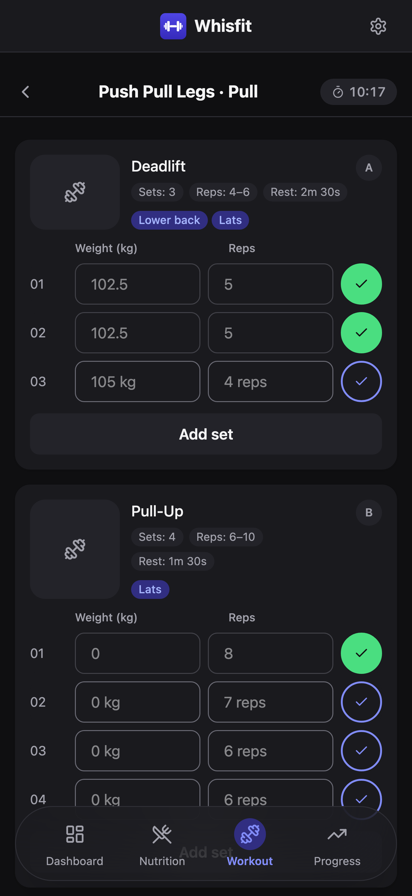 An active Push Pull Legs · Pull session: Deadlift (badge A) with two sets logged at 102.5 kg x 5 and a third row showing 105 kg / 4 reps as grey placeholders, Pull-Up (badge B) below it, and a running session timer in the header.