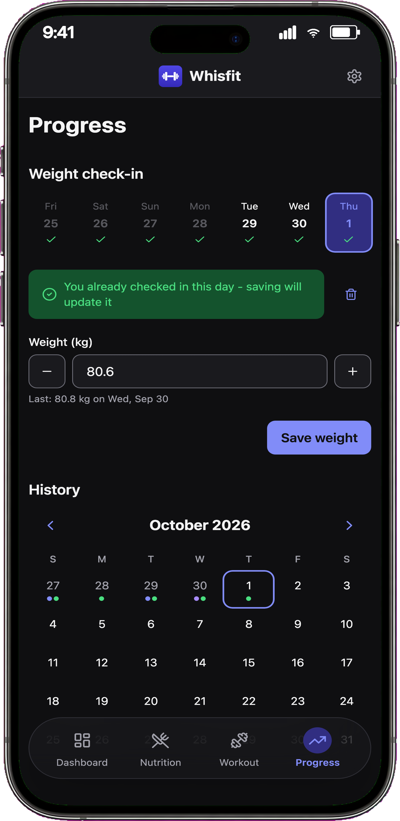 Calendar view with a day's detail open, showing nutrition, workout and check-in status