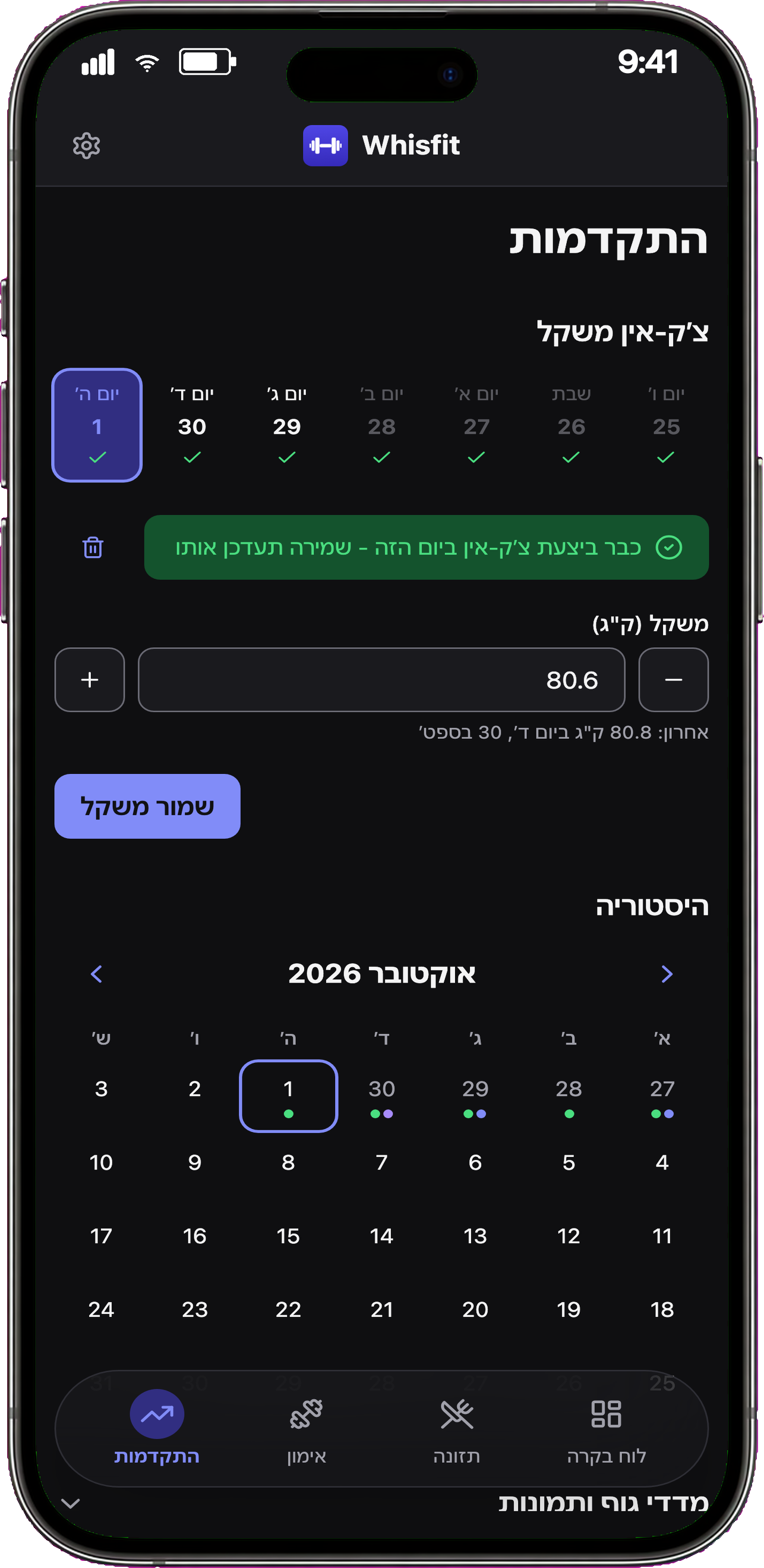 לוח שנה עם פירוט יומי פתוח, מציג סטטוס תזונה, אימון וצ'ק-אין
