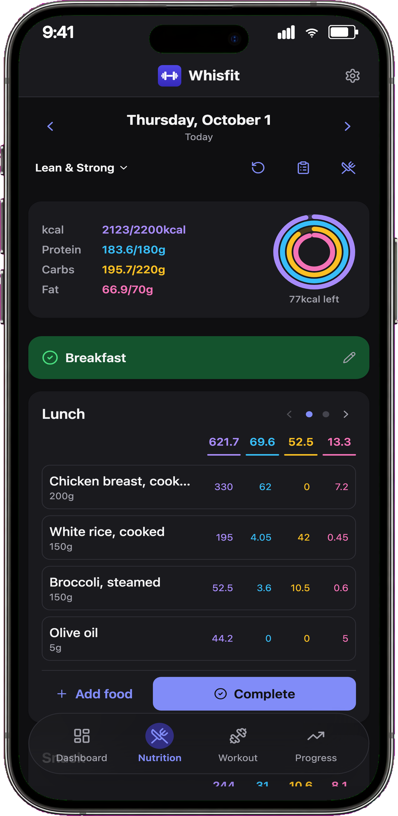 Whisfit meal log with macro breakdown