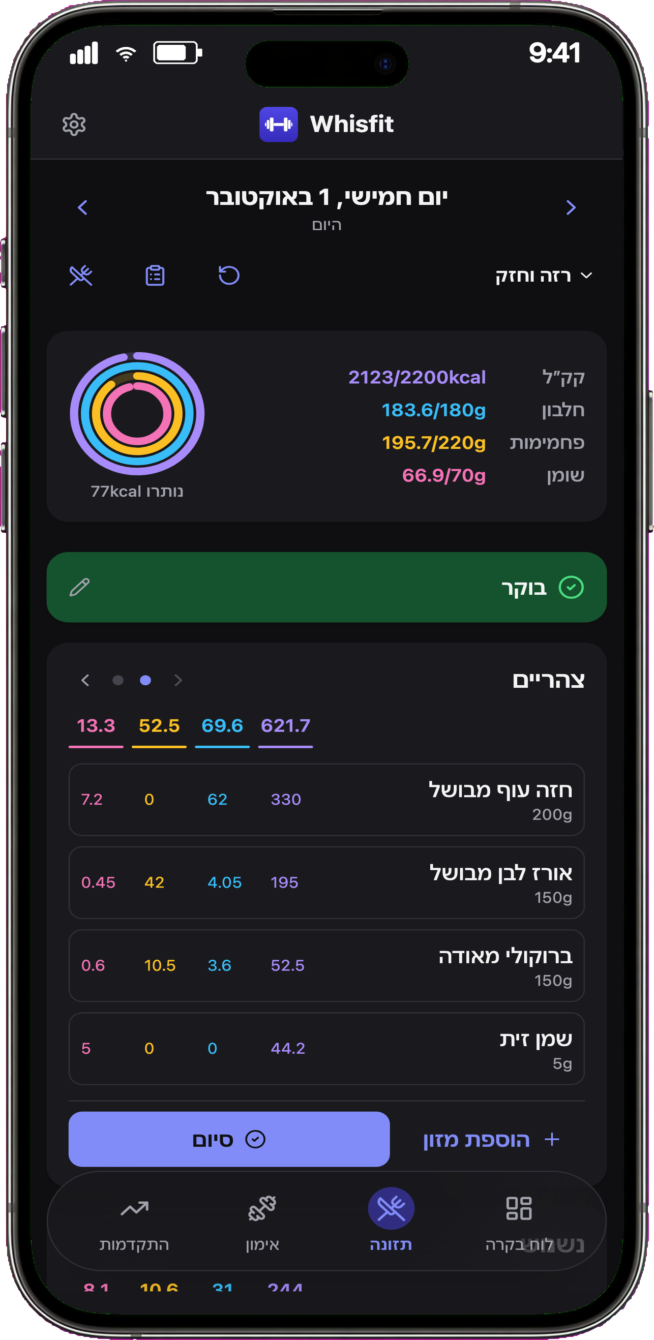 יומן הארוחות של Whisfit עם פירוט מאקרו