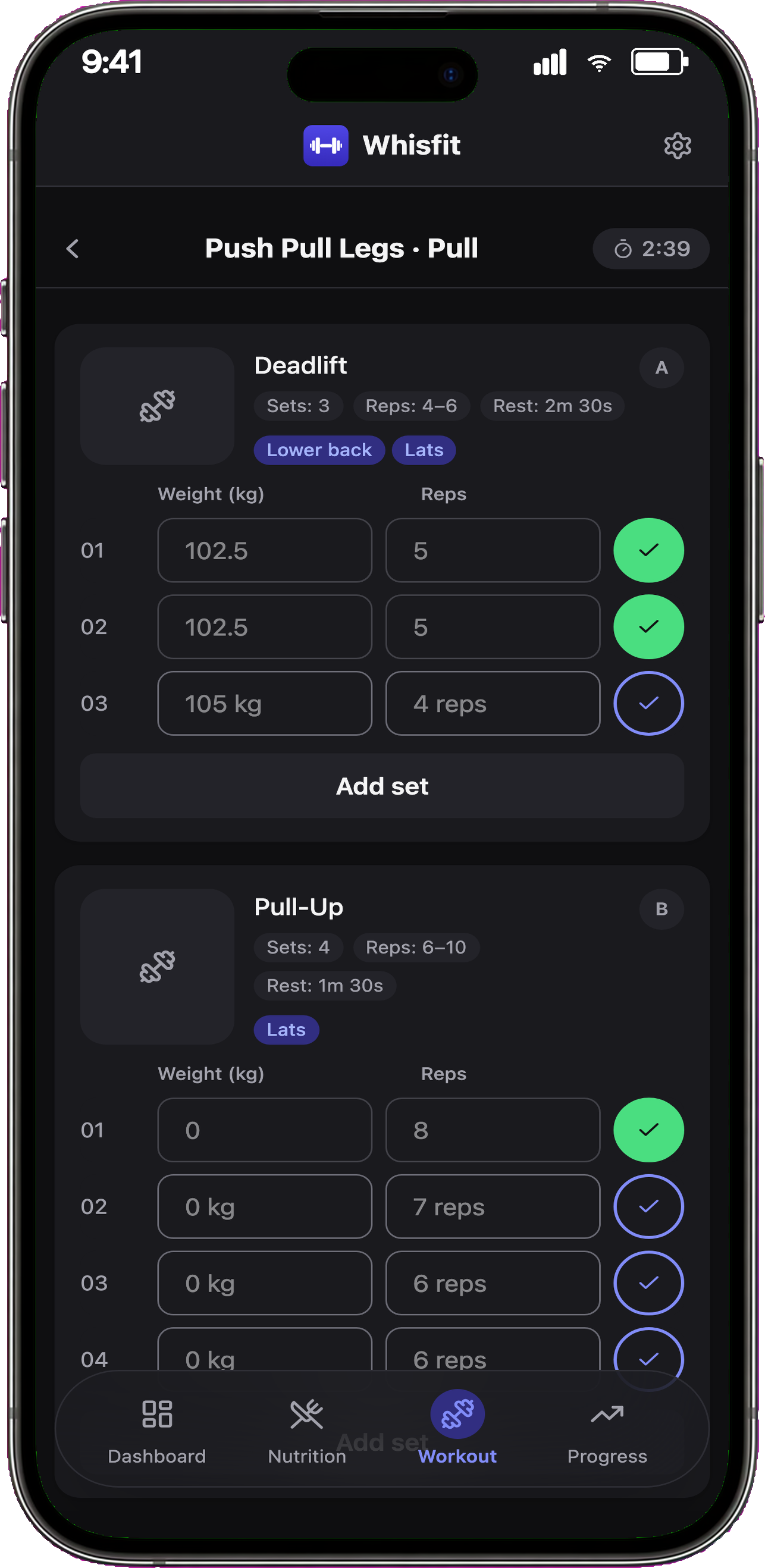 Workout session screen with rest timer